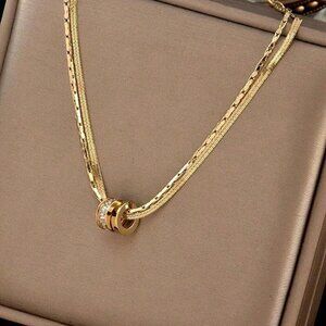 Silver Casual Women's Stainless Steel Round Cz Inlaid Double Layer Necklace